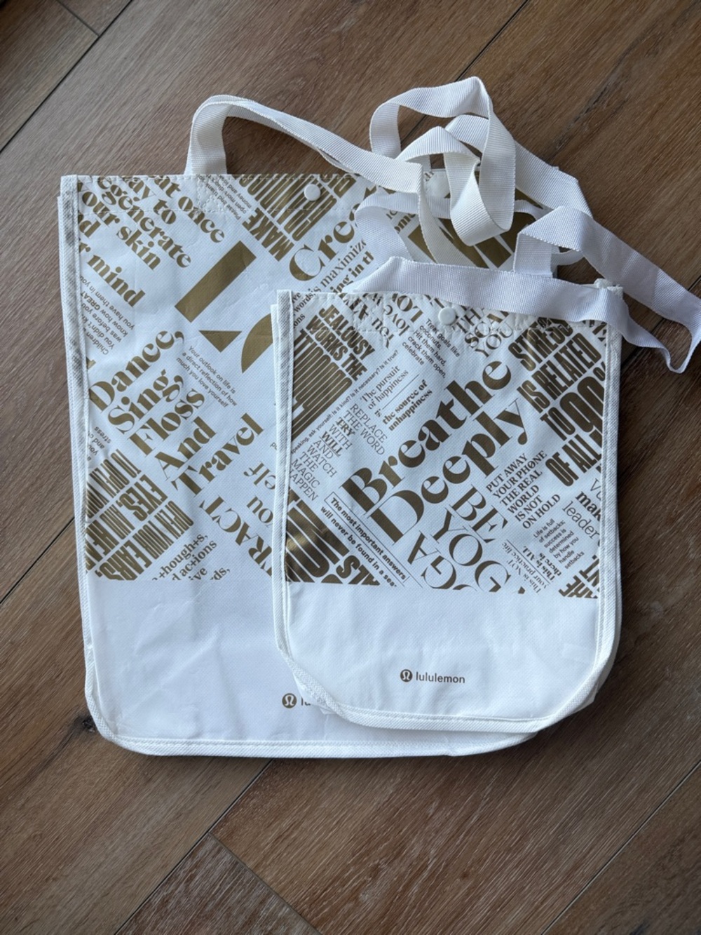 Lululemon White & Gold Logo Tote Bag Duo
